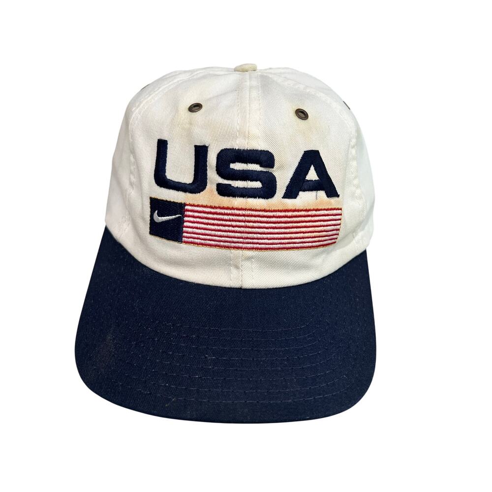 Vintage 90s Nike USA Flag Snapback Hat Made in USA White Navy Olympic Cap